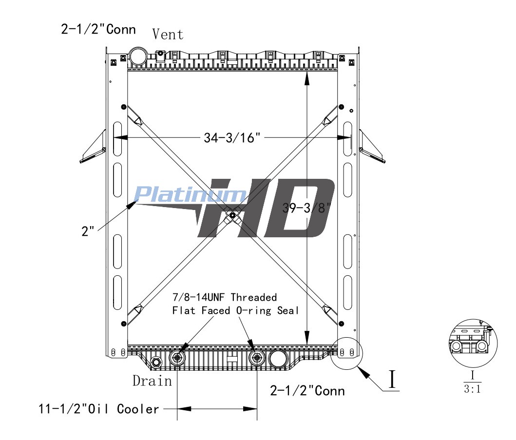 Mack-Volvo Plastic / Aluminum Radiator (With Horizontal Bottom Mounts) (Straight threaded Oil Cooler Fittings) (With Framework)